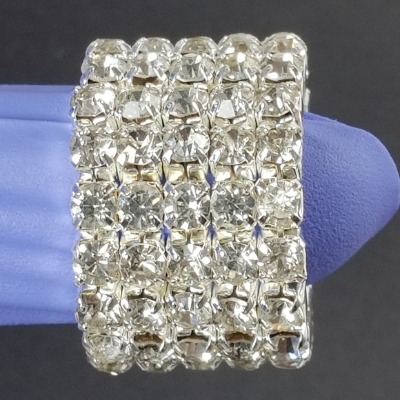 Silver Stretch Ring with Clear Rhinestones – Glamorous Wide Band Bling - 5 Rows - Picture 5 of 9